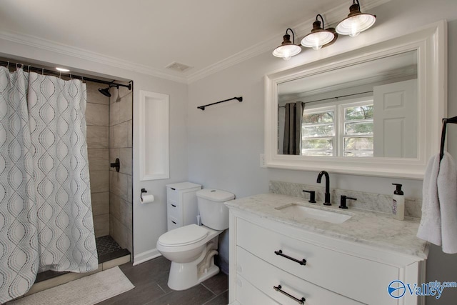 bathroom with vanity, visible vents, a tile shower, ornamental molding, and toilet