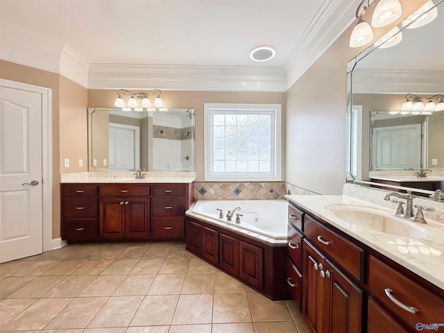 1103 Blackbriar Cir, Hartselle, AL 35640 - bathroom featuring a stall shower, a jetted tub, two vanities, tile patterned floors, and ornamental molding