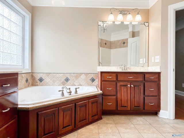 1103 Blackbriar Cir, Hartselle, AL 35640 - full bathroom featuring a walk in shower, ornamental molding, vanity, a bath, and plenty of natural light
