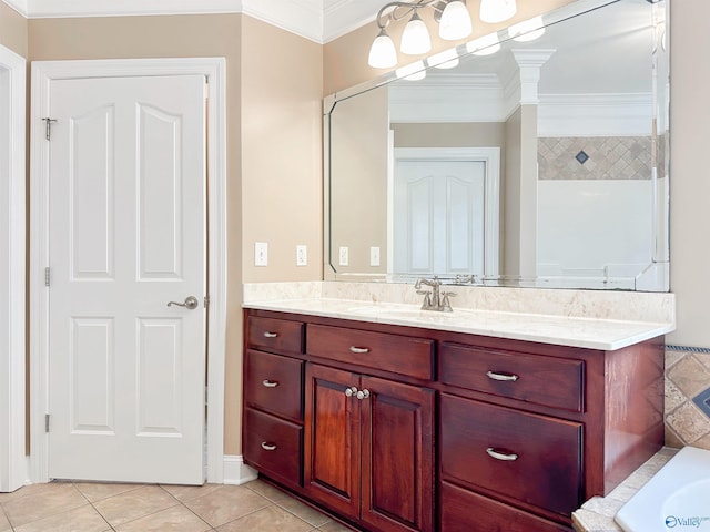 1103 Blackbriar Cir, Hartselle, AL 35640 - bathroom with ornamental molding, vanity, tile patterned floors, and a bath