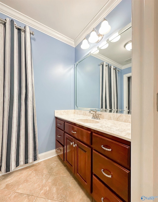 1103 Blackbriar Cir, Hartselle, AL 35640 - bathroom with vanity, crown molding, tile patterned floors, baseboards, and a shower with shower curtain