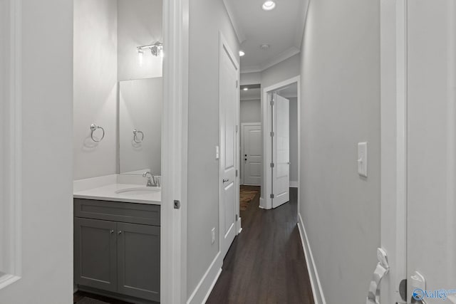 bathroom featuring ornamental molding, hardwood / wood-style flooring, and vanity