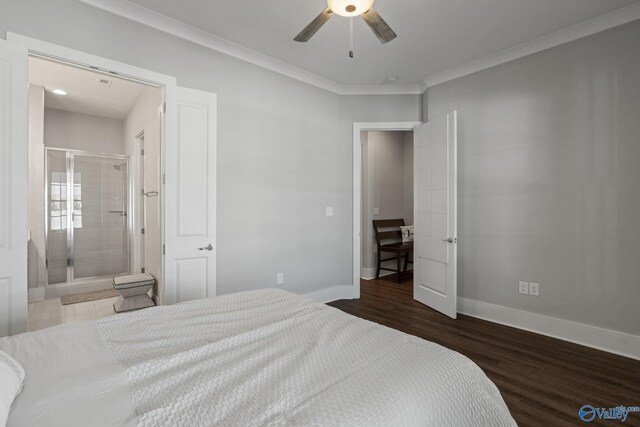 bedroom featuring ceiling fan, connected bathroom, hardwood / wood-style floors, and crown molding