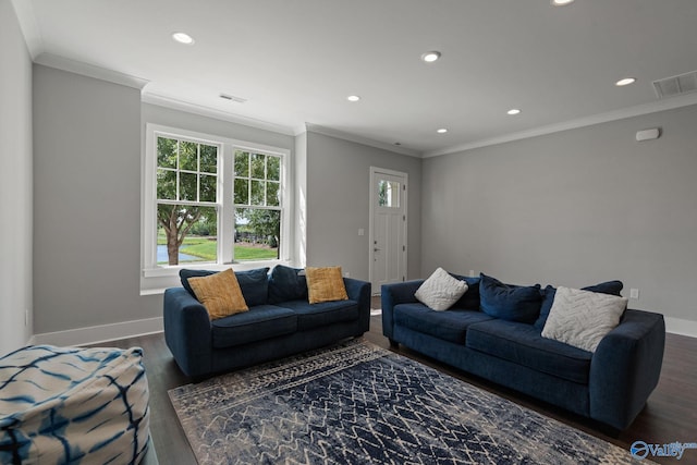 living room featuring dark hardwood / wood-style floors and crown molding