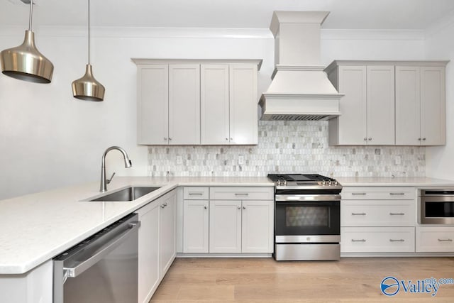 kitchen with appliances with stainless steel finishes, pendant lighting, sink, backsplash, and custom exhaust hood