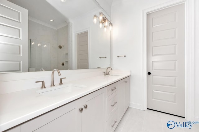 bathroom featuring vanity, crown molding, tile patterned floors, and walk in shower