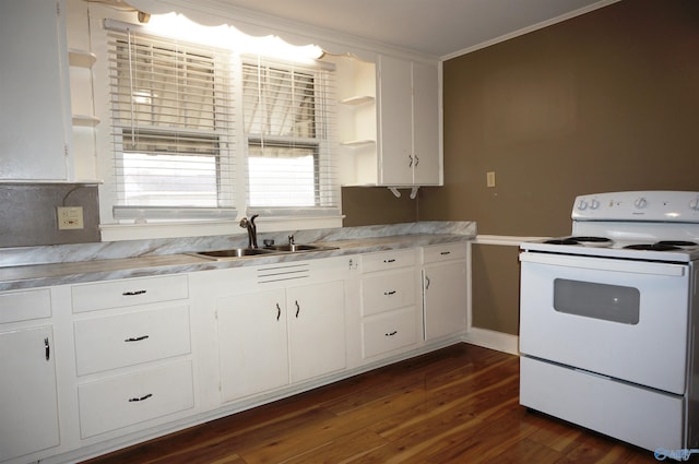 kitchen with white range with electric cooktop, light countertops, white cabinetry, open shelves, and a sink