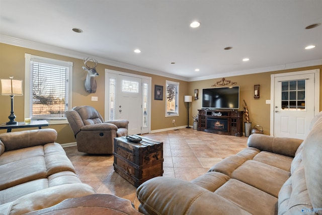 tiled living room with crown molding