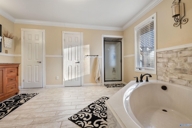 bathroom featuring wood-type flooring, ornamental molding, and shower with separate bathtub