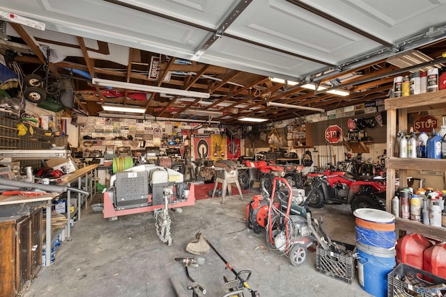 garage with a workshop area