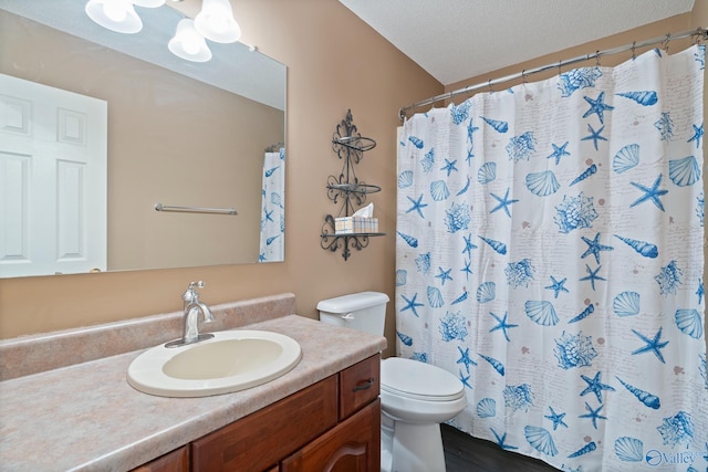 full bathroom with toilet, vanity, a shower with shower curtain, and a textured ceiling