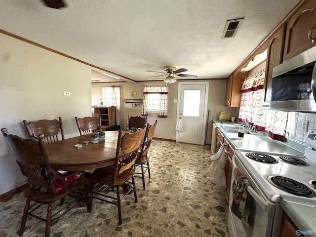 dining area with sink, ceiling fan, ornamental molding, and a textured ceiling