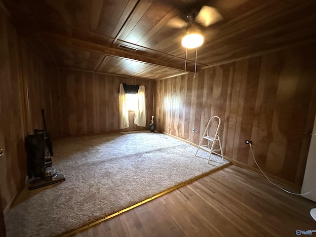 spare room featuring wood walls, visible vents, wood ceiling, and hardwood / wood-style floors