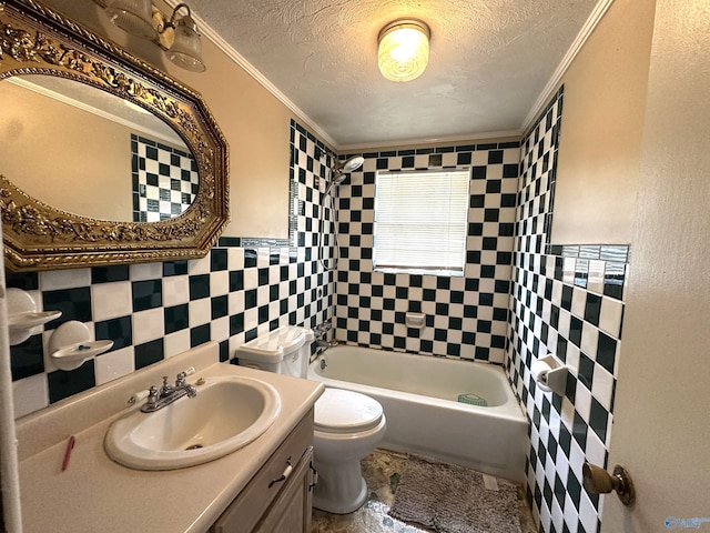 full bathroom with tiled shower / bath, vanity, ornamental molding, a textured ceiling, and toilet