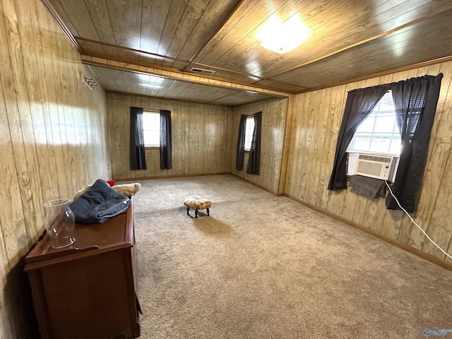 interior space featuring carpet floors, wooden walls, and wooden ceiling