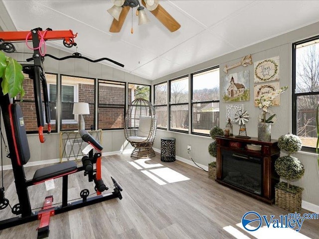 exercise room featuring lofted ceiling, wood finished floors, baseboards, and ceiling fan