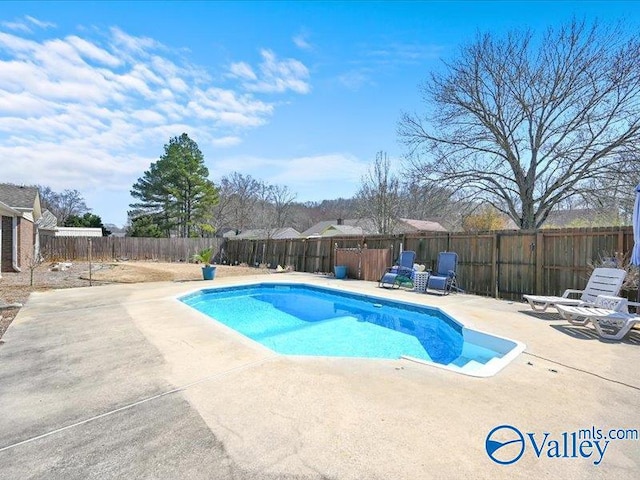 view of swimming pool featuring a patio, a fenced backyard, and a fenced in pool