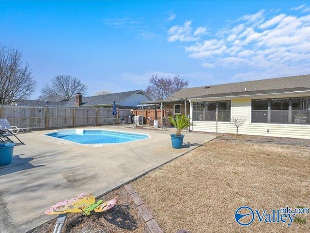 view of swimming pool with a fenced backyard, a fenced in pool, and a patio