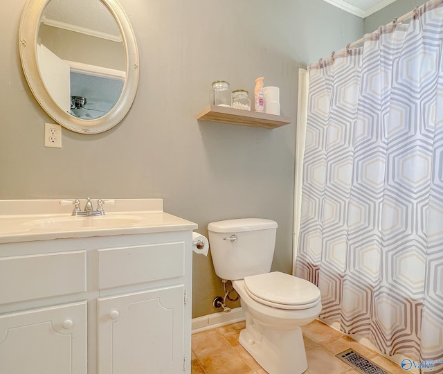 full bath featuring visible vents, baseboards, toilet, tile patterned flooring, and vanity