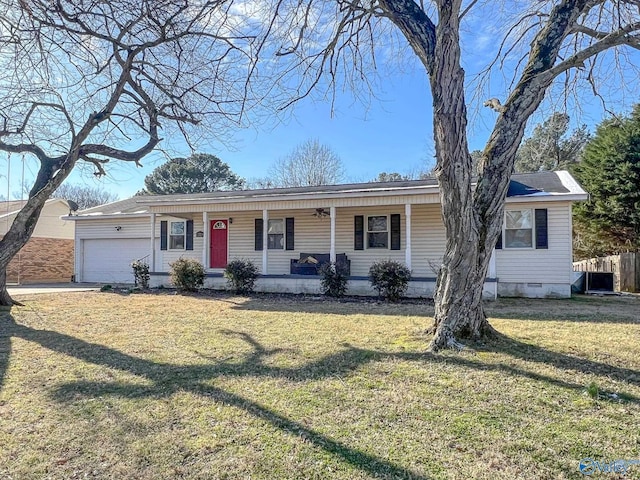 single story home featuring a garage, a front lawn, crawl space, and a porch