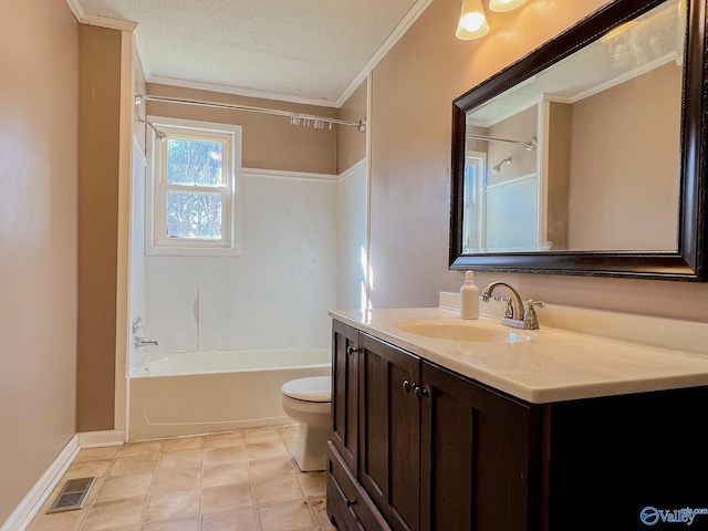 bathroom featuring visible vents, toilet, tub / shower combination, crown molding, and vanity