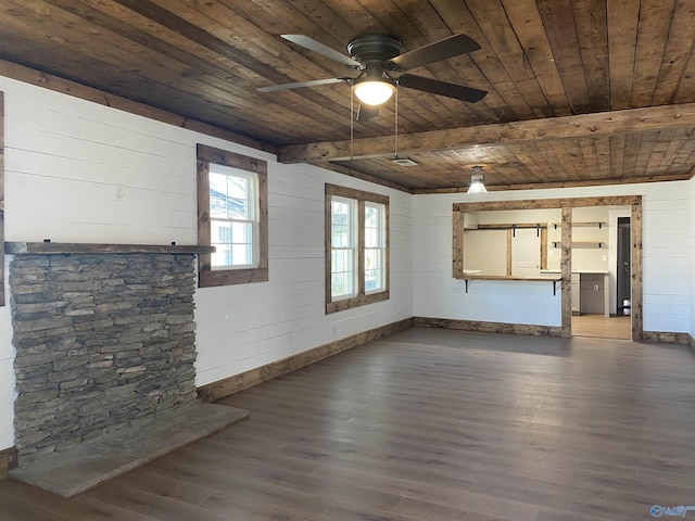 unfurnished living room featuring hardwood / wood-style floors, beam ceiling, wooden ceiling, and ceiling fan