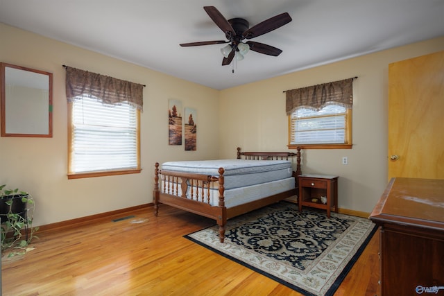 bedroom with hardwood / wood-style flooring and ceiling fan