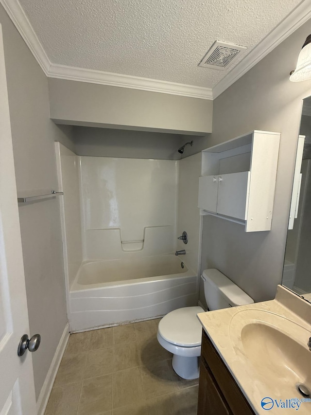 full bath featuring vanity, visible vents, ornamental molding, bathtub / shower combination, and toilet