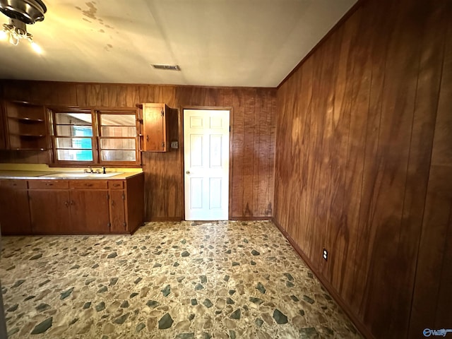 kitchen featuring wooden walls and sink