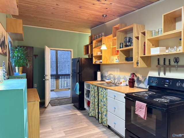 kitchen featuring black appliances, light wood-type flooring, a sink, and wood ceiling