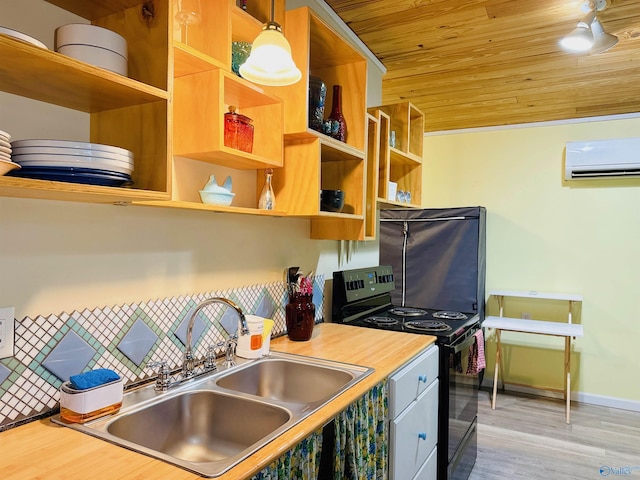 kitchen featuring wooden ceiling, black / electric stove, open shelves, a sink, and a wall mounted AC