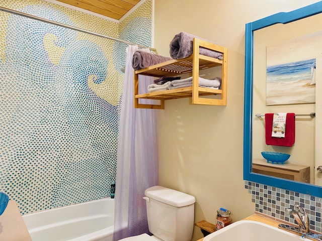 full bath with toilet, shower / bathtub combination with curtain, tasteful backsplash, and a sink