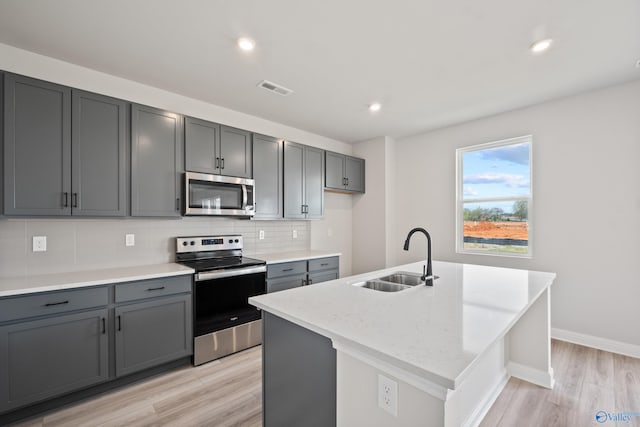 kitchen featuring appliances with stainless steel finishes, gray cabinetry, sink, a center island with sink, and light hardwood / wood-style floors