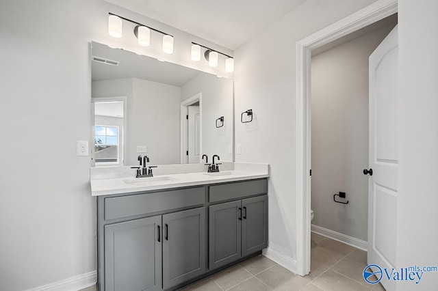 bathroom featuring toilet, vanity, and tile patterned floors