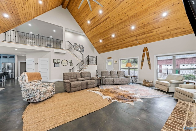 living room featuring wood ceiling, beam ceiling, and high vaulted ceiling