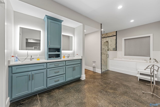 bathroom featuring vanity, separate shower and tub, and concrete floors