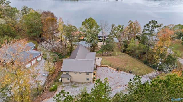 aerial view featuring a water view