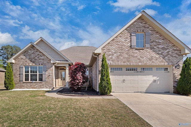 view of front facade featuring a front yard, a shingled roof, a garage, brick siding, and driveway