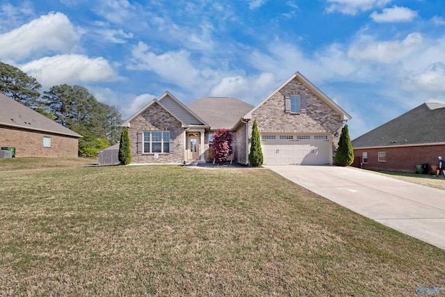 view of front of house featuring brick siding, a front yard, cooling unit, and concrete driveway