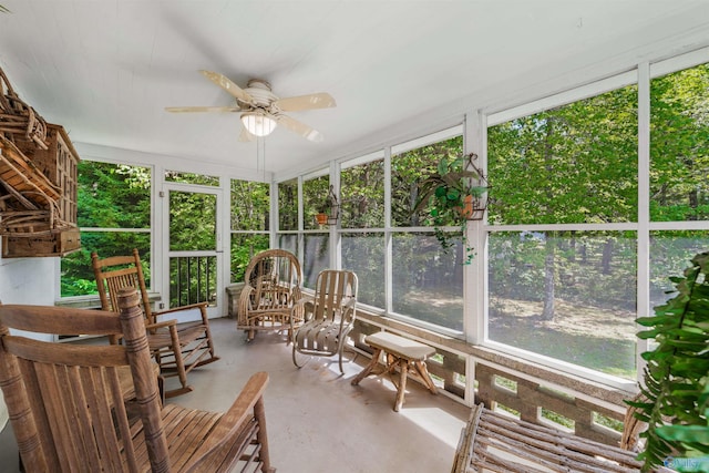sunroom with a ceiling fan and a wealth of natural light
