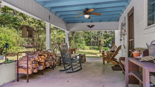 view of patio featuring ceiling fan