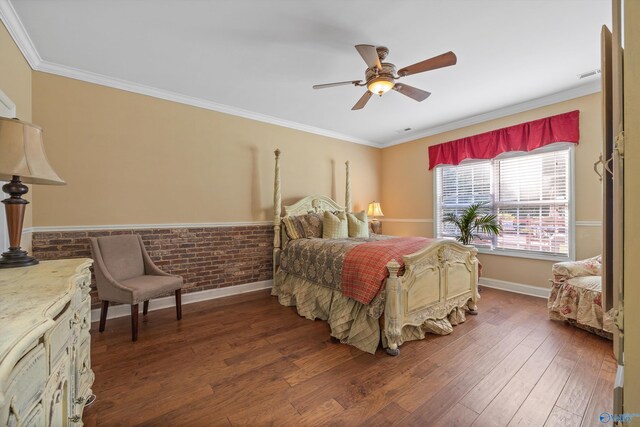 bedroom featuring brick wall, ceiling fan, ornamental molding, and dark hardwood / wood-style floors