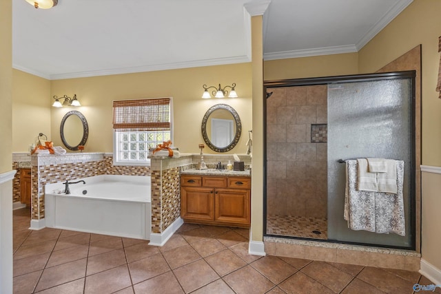 bathroom featuring ornamental molding, tile patterned flooring, a shower stall, and a bath