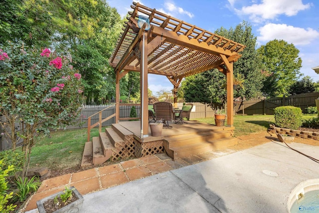 view of patio featuring a deck, a fenced backyard, and a pergola