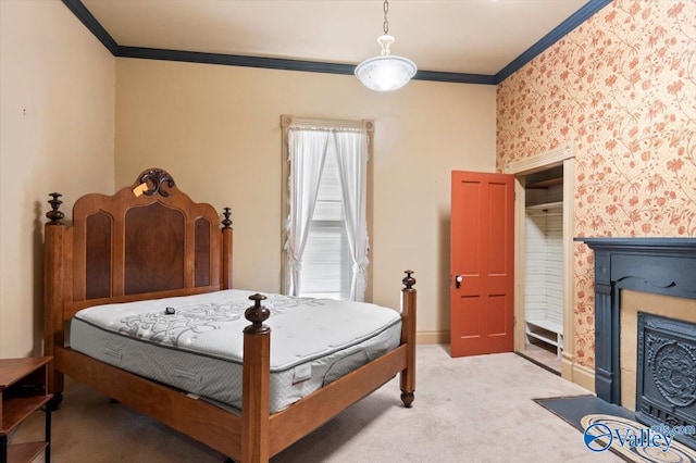 bedroom with light colored carpet and ornamental molding