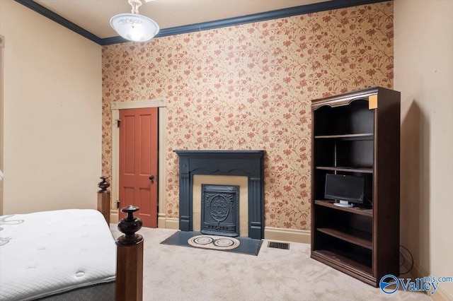 unfurnished bedroom featuring carpet flooring and ornamental molding