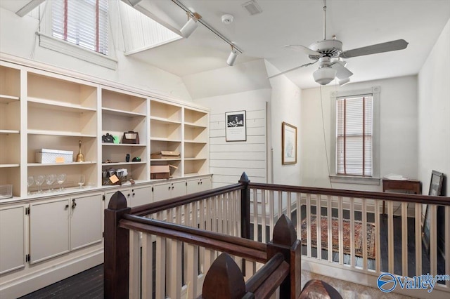 hallway with a healthy amount of sunlight, rail lighting, and wooden walls