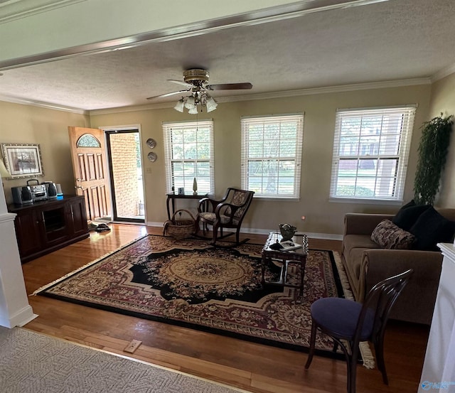 living room featuring hardwood / wood-style floors, crown molding, a wealth of natural light, and a textured ceiling