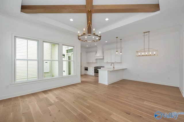 kitchen with decorative light fixtures, white cabinetry, stainless steel range, kitchen peninsula, and custom range hood