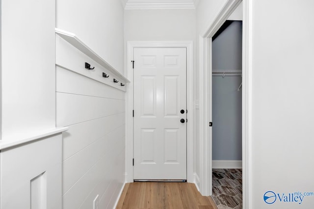 doorway with wood-type flooring